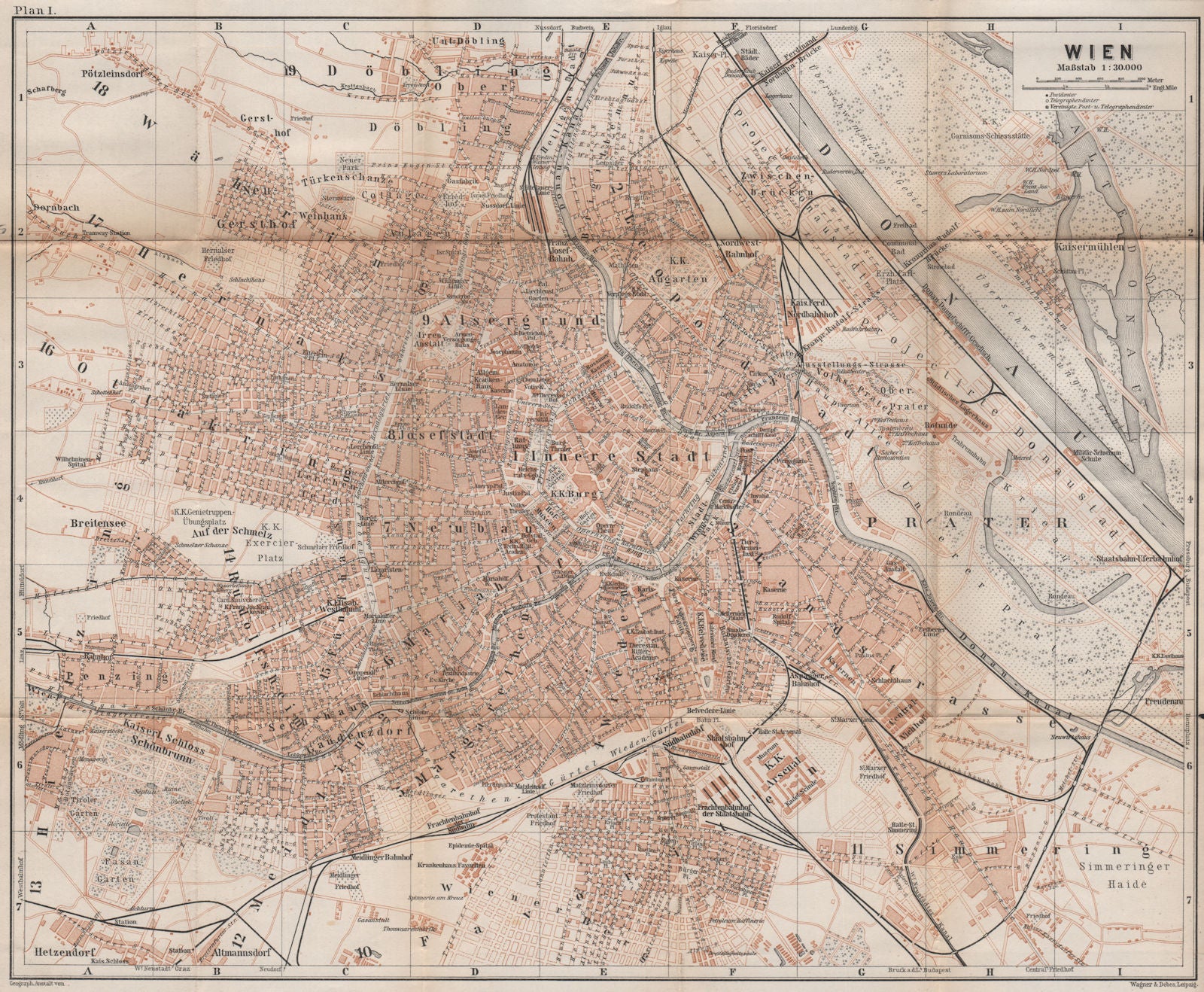 VIENNA WIEN antique town city plan stadtplan. Austria Österreich karte 1896 map